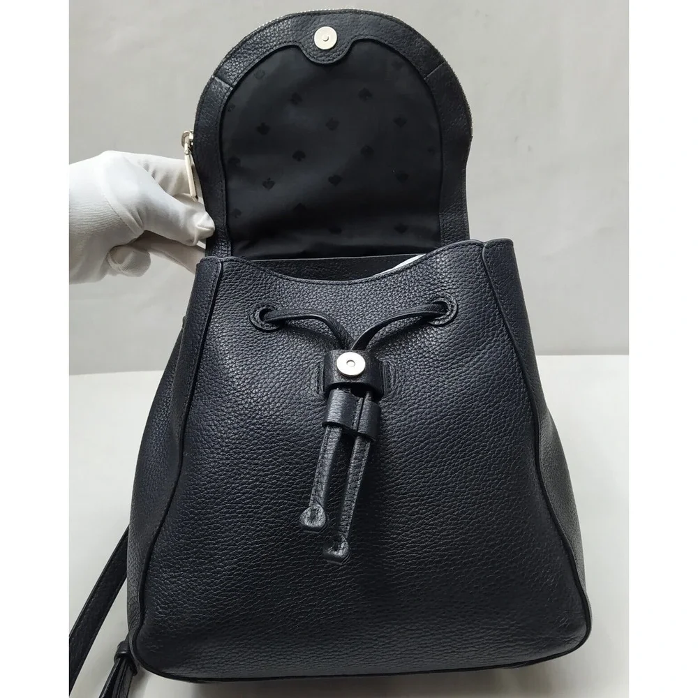 Kate Spade New York Black Pebbled Leather Zipper Flap Drawstring Backpack